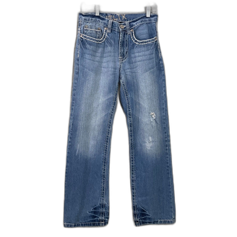 Helix Jeans Mens Size n29x30 thick stitch M- Wash Distressed Bootcut Embroidered